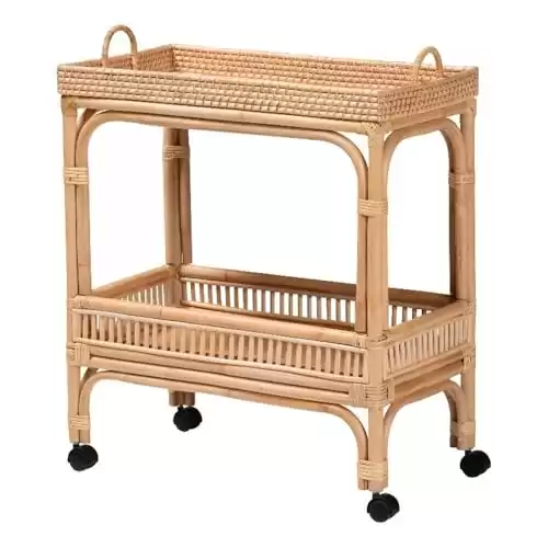 bali & pari Lombok 1-Shelf Modern Rattan & Wood Wine Cart in Natural Brown