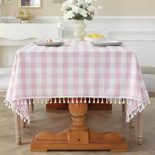 Pink Checkered Tablecloth Rectangle Washable Buffalo Plaid Valentines Day Table Cloth with Tassel