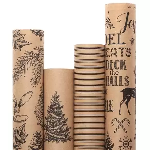 4 Rolls Gift-Wrapping Paper, Vintage Christmas Style, 30x120 inch(10ft) Per Roll