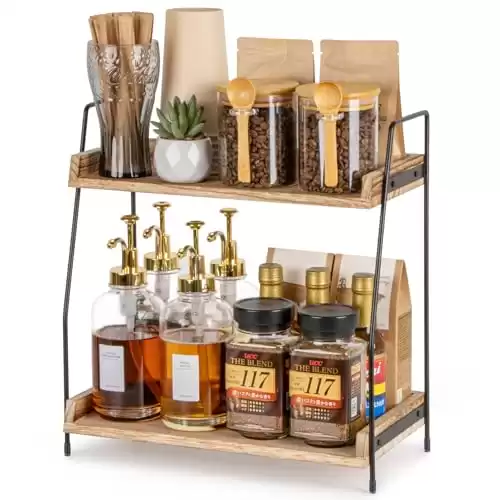 Countertop Coffee Station Organizer, 2 Tier Wooden Shelf for Coffee Bar Accessories, Condiment Storage Caddy for Kitchen, Home, Office - Brow