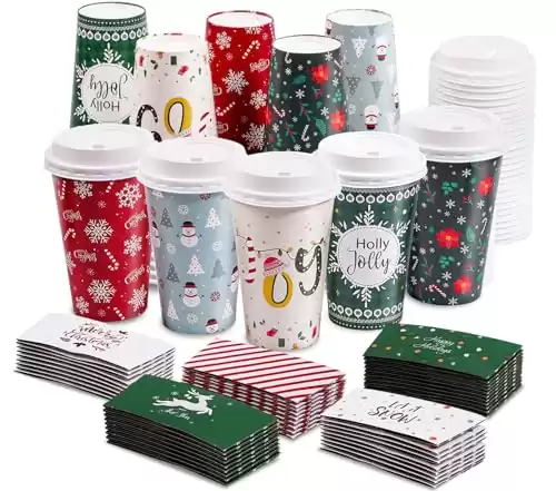 50 Pack Christmas Disposable Coffee Cups with Lids & Sleeves