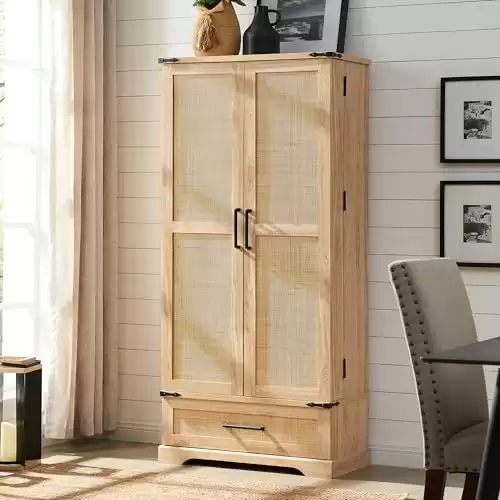 72" Tall Rattan Cabinet with Drawer, Boho Storage Cabinet with 2 Rattan Doors for mudroom or entryway