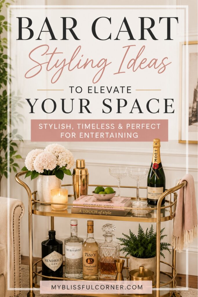Elegant gold bar cart styling with champagne, glassware, candles, florals, and layered decor ideas for sophisticated home entertaining.