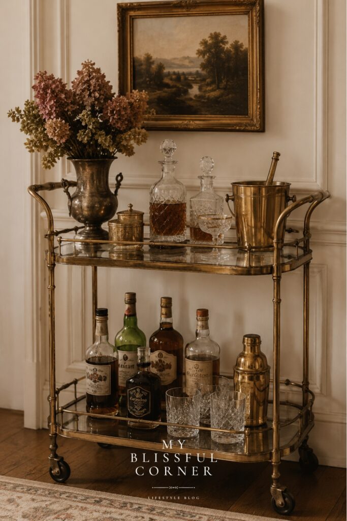 Elegant vintage brass bar cart styled with whiskey bottles, crystal glassware, brass accessories, and warm old-money inspired decor in a cozy living room.