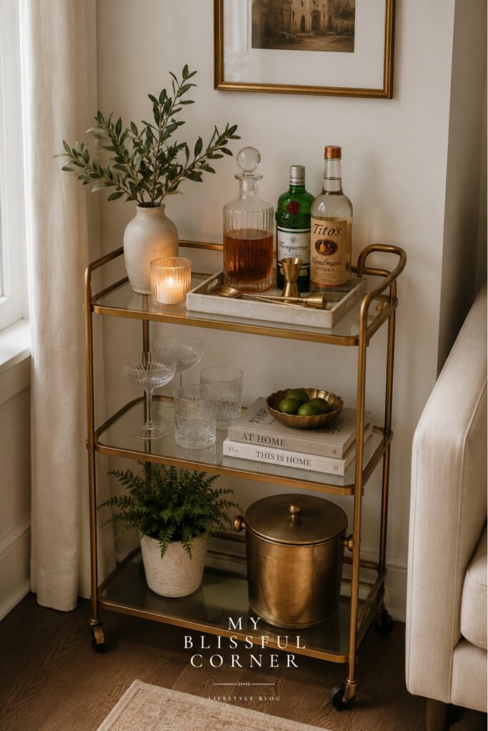 Cozy bar cart aesthetic with warm lighting, neutral decor, olive branches, candles, and modern organic styling ideas.