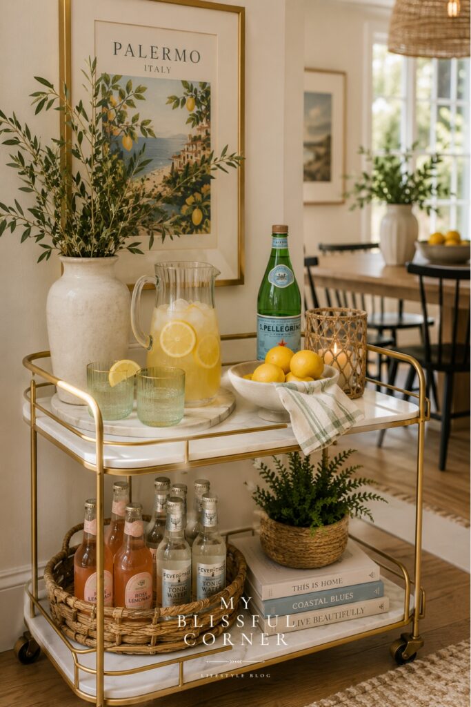 Summer-inspired DIY bar cart styling with citrus decor, lemonade, greenery, woven textures, and warm natural lighting.