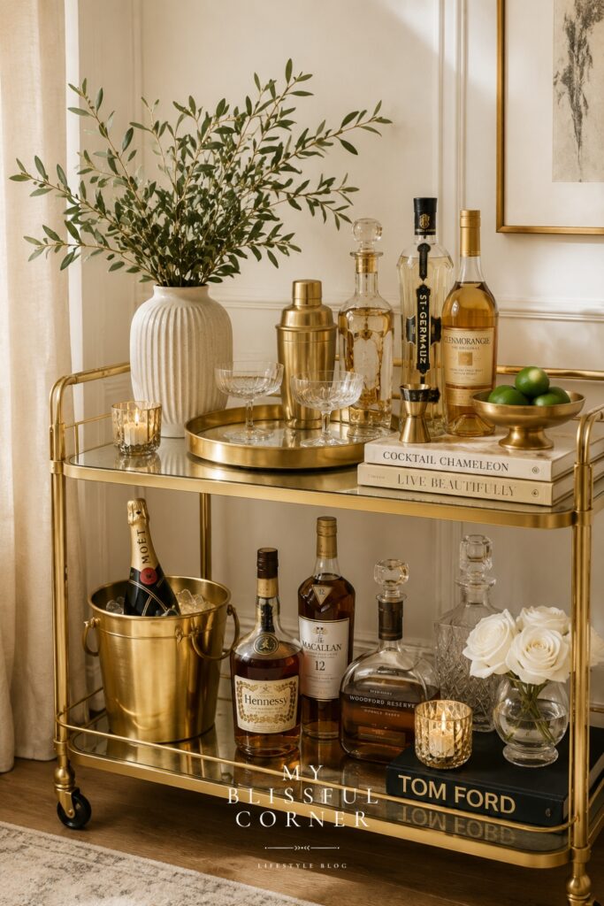 Luxury gold bar cart decor with layered books, crystal decanters, brass accents, greenery, and elegant entertaining accessories.