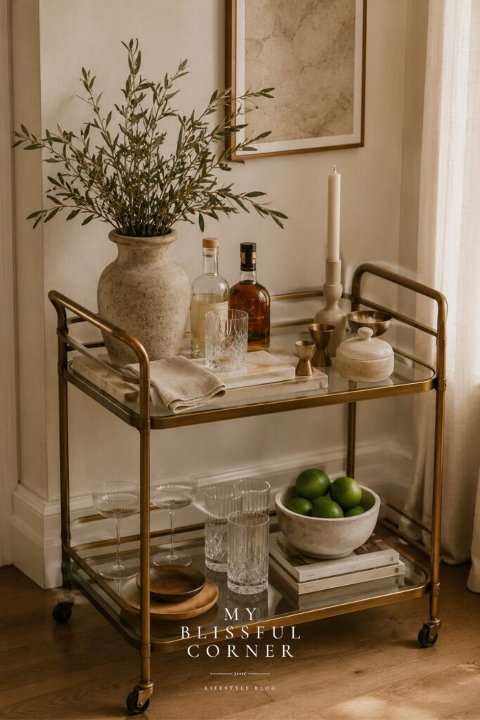 Minimal organic modern bar cart with olive branches, neutral decor, candles, and simple glassware styled in a warm minimalist living room.