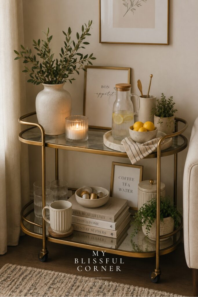 Neutral bar cart inspiration with lemons, layered books, greenery, candles, and cozy organic modern home decor.