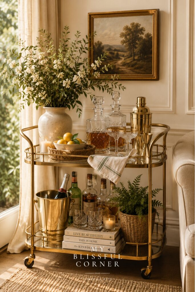 Vintage brass bar cart styled with crystal decanters, greenery, candles, lemons, and layered organic modern decor in a cozy luxury living room.