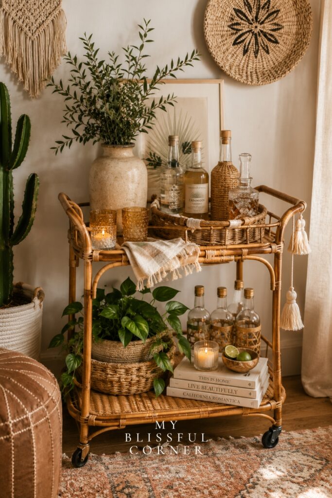 Boho bar cart styling with woven rattan textures, layered greenery, neutral decor, candles, and warm earthy living room accents.