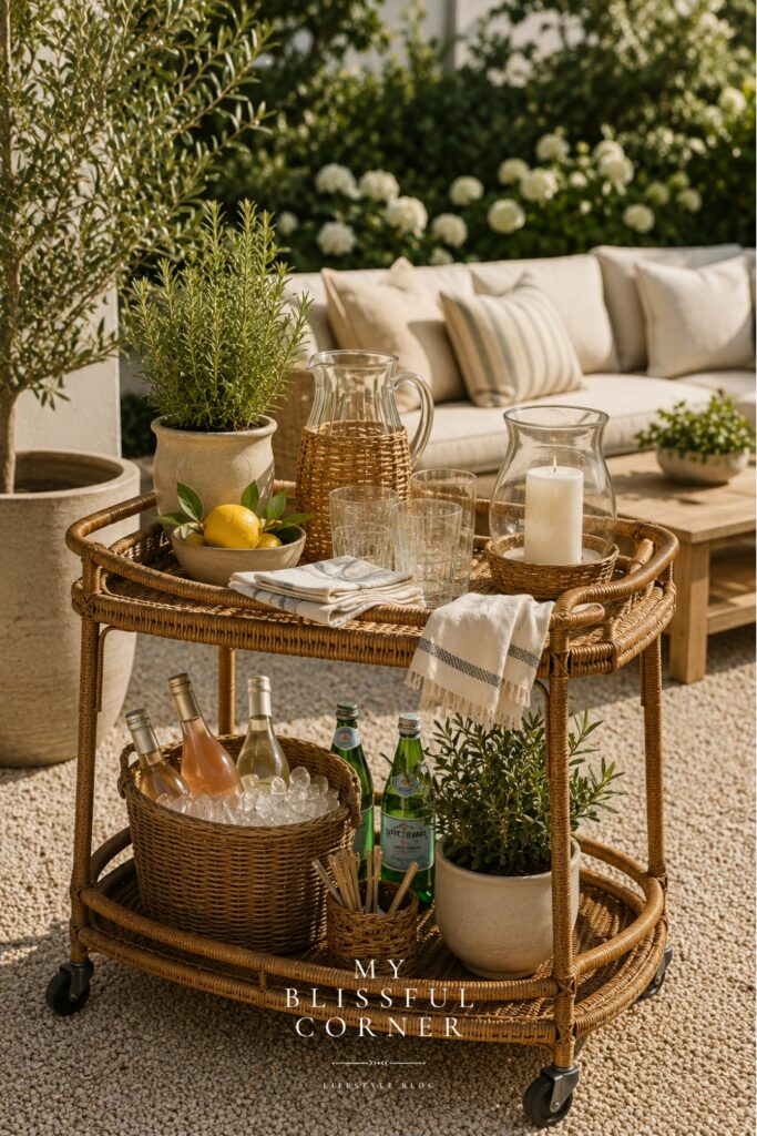 Unique outdoor bar cart with woven textures, layered decor, greenery, candles, and elevated patio entertaining inspiration.