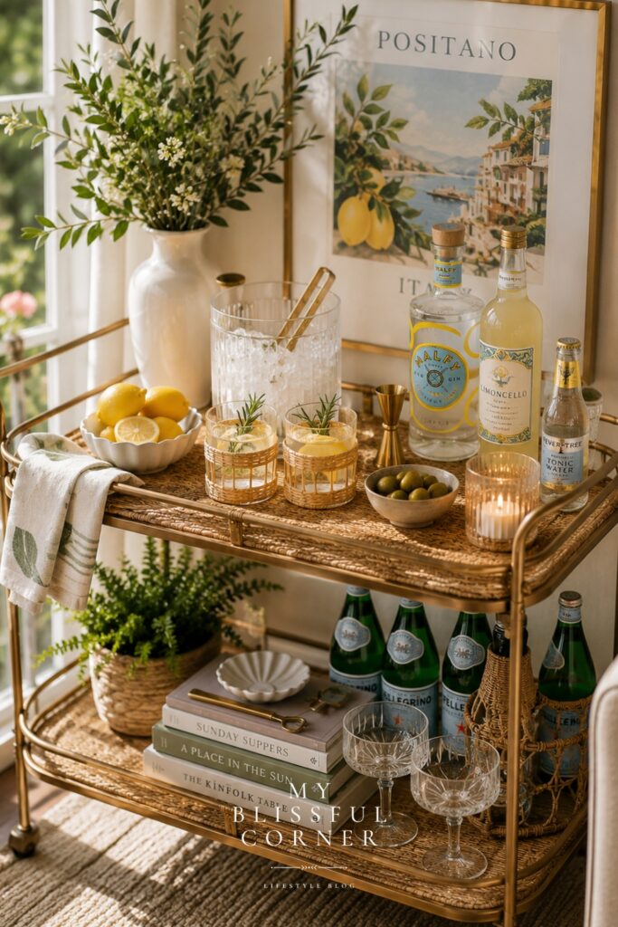 Elegant rattan bar cart in a bright dining room with citrus decor, greenery, and coastal-inspired artwork.