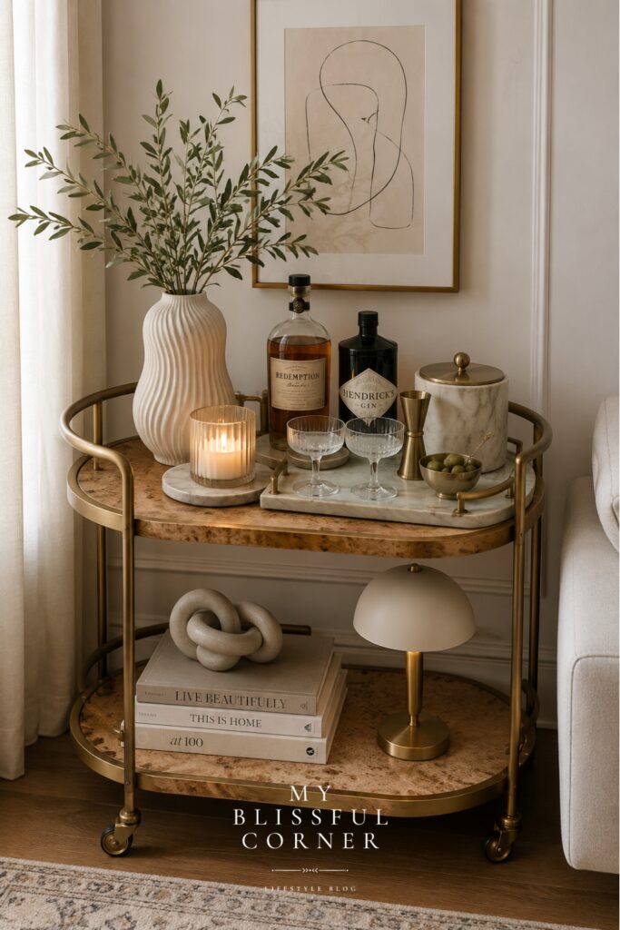 Small mobile bar cart with natural wood shelves, neutral decor, sculptural accents, and minimalist entertaining essentials.