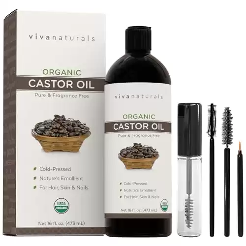 Viva Naturals Cold pressed Organic Castor Oil 16 fl oz - Castor Oil for Face, Castor Oil for Eyelashes, Traditional Eyebrow Serum, Castor Oil for Hair - Certified Organic & Non-GMO