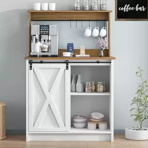 Farmhouse White Coffee Bar Hutch with Storage