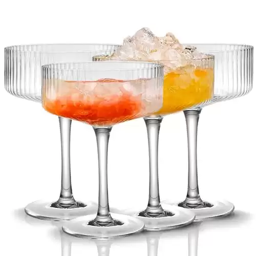 4 Pcs Ribbed Coupe Glasses, Vintage Cocktail Coupe Glasses Set.