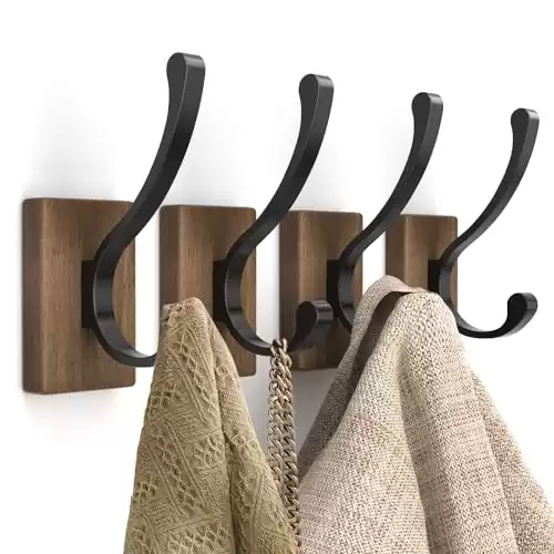 Wood Wall Hooks for Hanging - 4 Pack Hooks