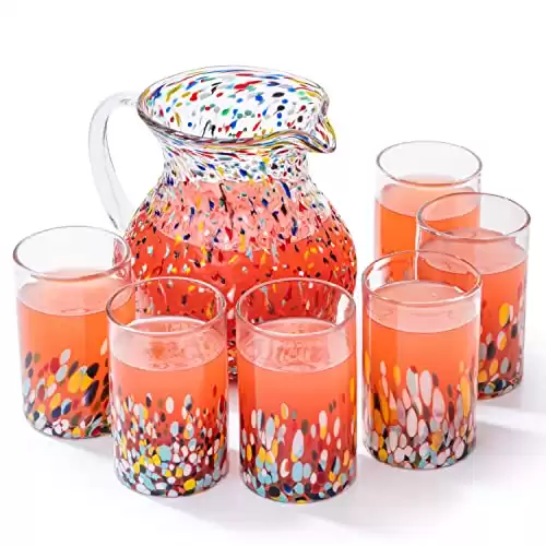 Confetti Rocks Mexican Hand Blown Glass Pitcher & Glass Set