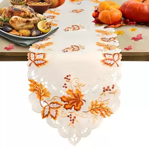 Embroidered Maple Leaves Autumn Table Runner