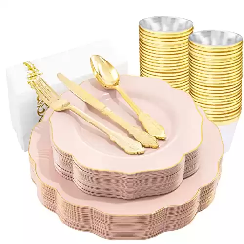 175PCS Pink Plastic Plates - Pink Plates with Gold Disposable Silverware