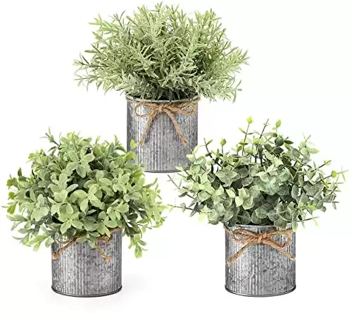 Mkono Small Fake Plants in Farmhouse Galvanized Metal Pots 3 Pack