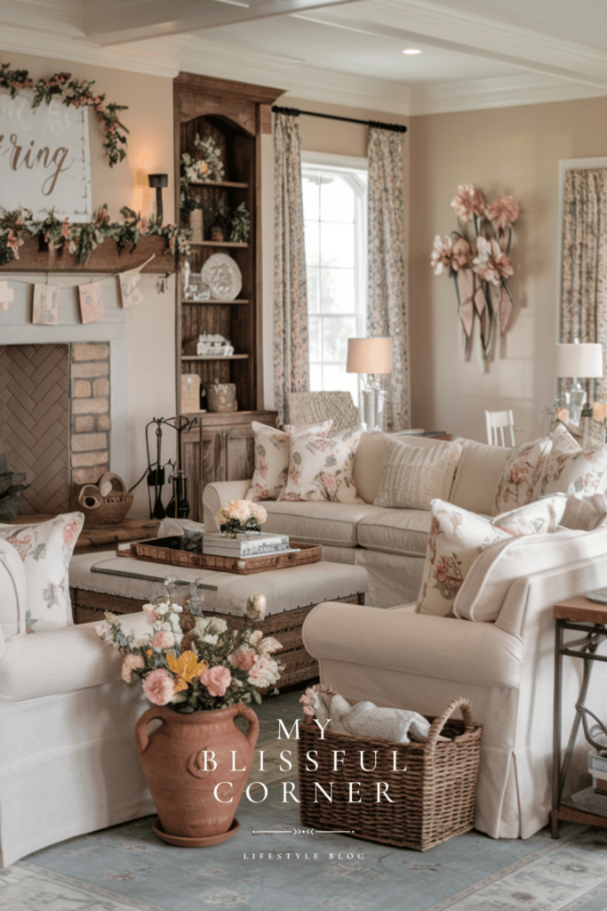 living room fireplace rustic spring decor