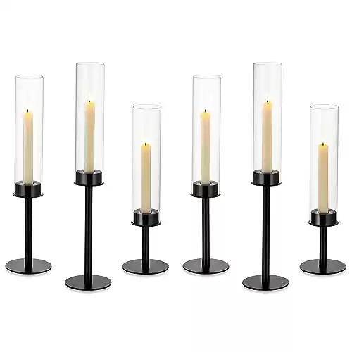 NUPTIO Hurricane Glass Candle Holders: 6 Pcs Black Metal Candlestick Tapered Holder