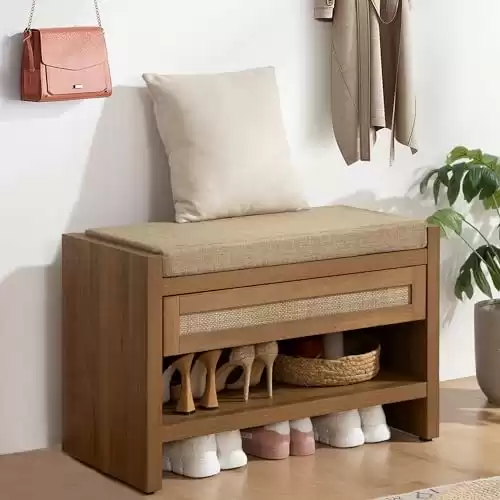 Rattan Shoe Bench Entryway Bench with Storage