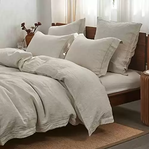 Simple&Opulence 100% Linen Duvet Cover Set with Embroidery Washed - 3 Pieces (1 Duvet Cover with 2 Pillow Shams)