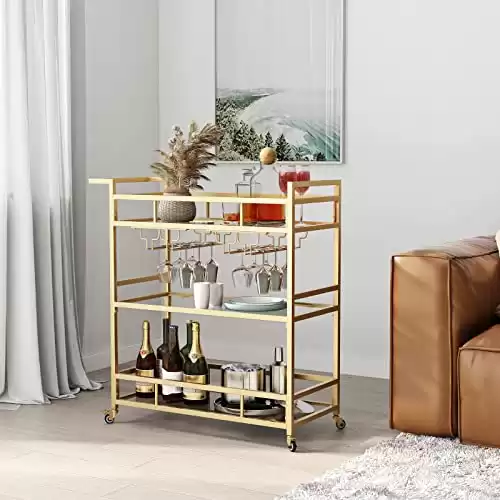 LORMITER Gold Bar Carts with 3 Tier Glass Shelves