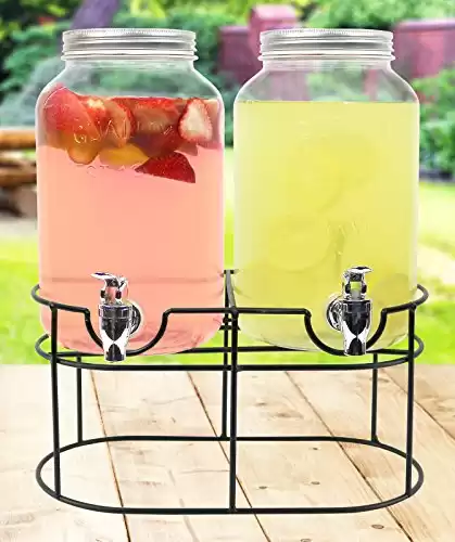 Glass Double Drink Dispenser with Stand - Set of 2