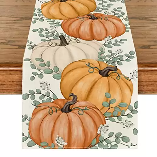 Orange Pumpkins Eucalyptus Leaves Fall Table Runner