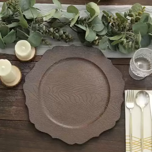 Efavormart 6 Pack | 13" Rustic Brown Wooden Textured Acrylic Charger Plates With Scalloped Rim