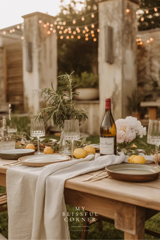 hosting essentials for an outdoor dinner at home with table setup, candles, and neutral decor