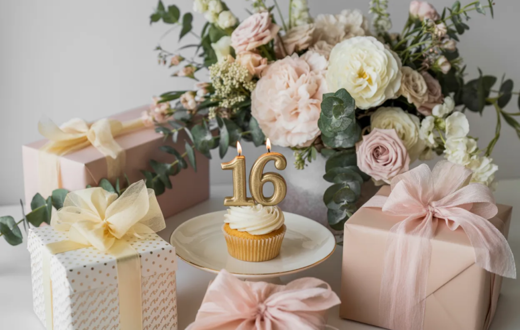 Sweet 16 gift ideas featuring wrapped presents with pink bows, floral arrangement with peonies and roses, and a cupcake with a 16 candle in a soft aesthetic setup