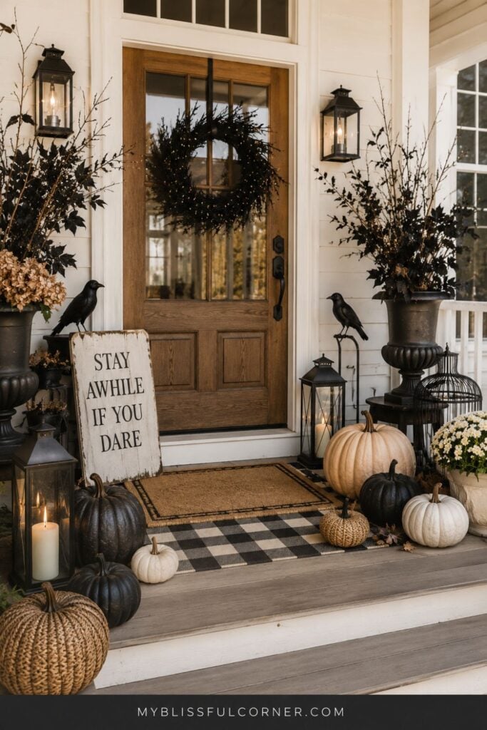 Gothic Halloween porch decorations with black and cream pumpkins, lanterns, ravens, a black wreath, and neutral fall decor.