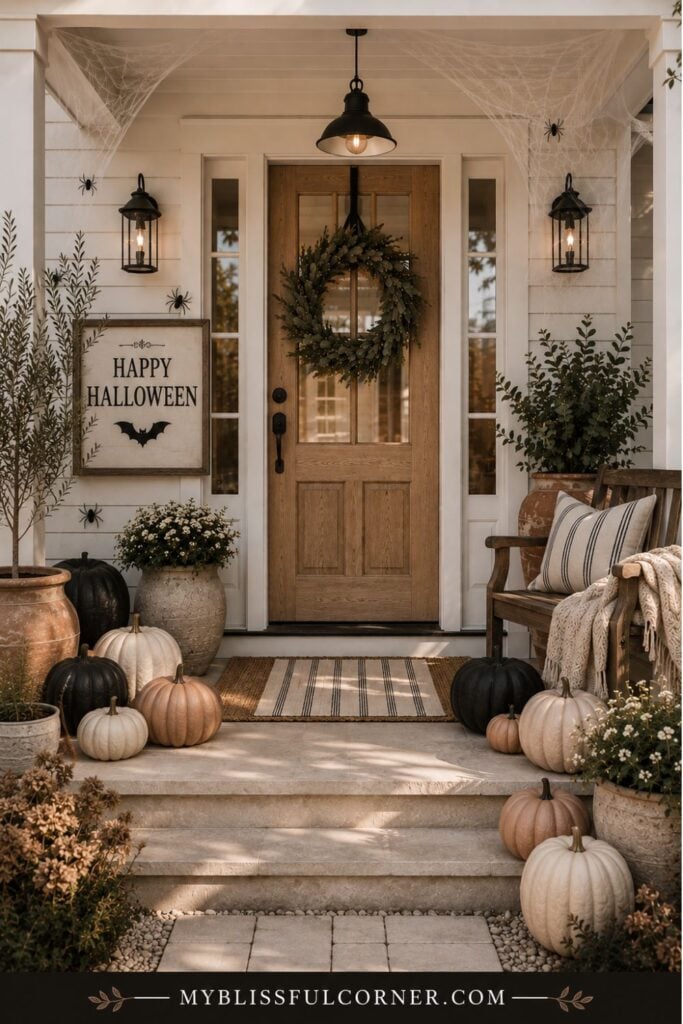 Farmhouse Halloween porch decorations with neutral pumpkins, spiderwebs, greenery, lanterns, and a Happy Halloween sign.