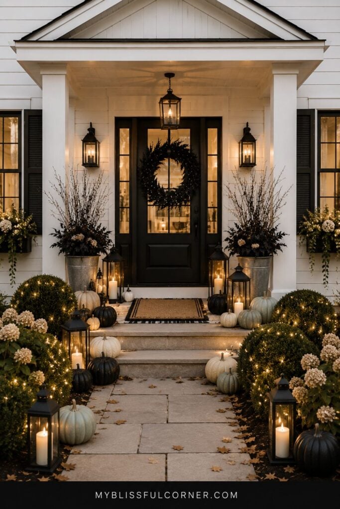 Elegant Halloween front porch decor with black and cream pumpkins, glowing lanterns, a dark wreath, and neutral fall planters.