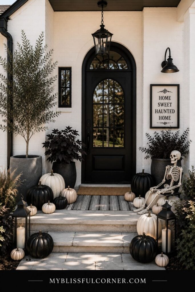 Gothic Halloween porch decor with black and cream pumpkins, a skeleton, lanterns, dark planters, and a black arched front door.