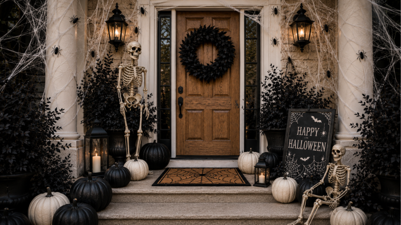 Moody Halloween front porch decorated with black and cream pumpkins, skeletons, spiderwebs, black wreath, lanterns, and spooky outdoor Halloween decor.