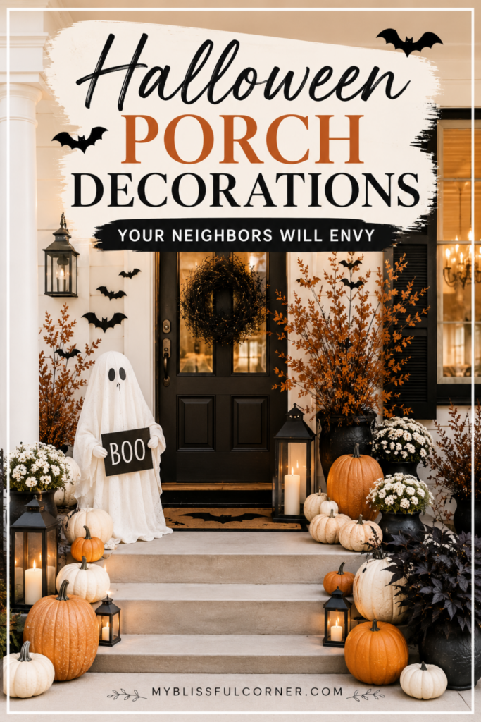 Halloween porch decorations with pumpkins, lanterns, fall plants, and a ghost arranged around a black front door.