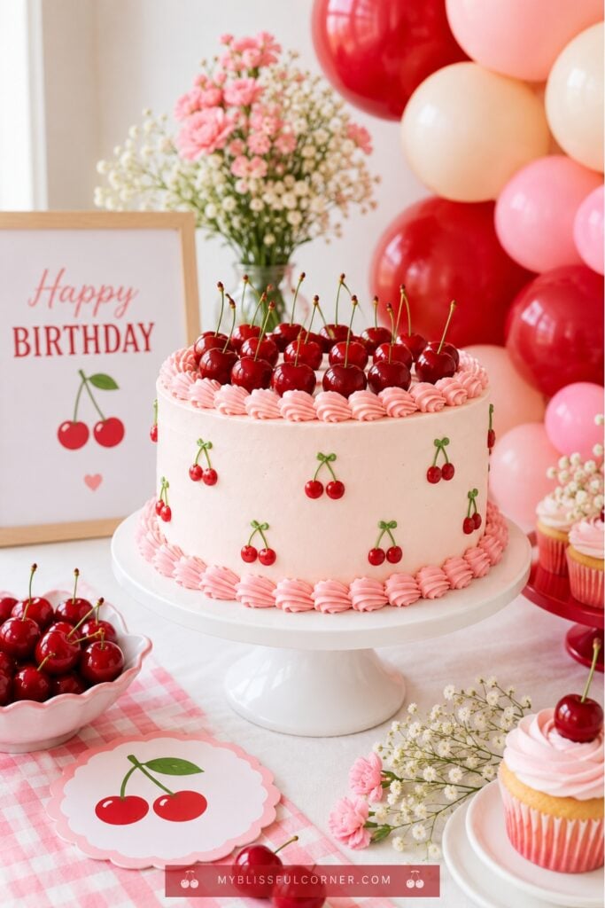cherry birthday cake and table decor