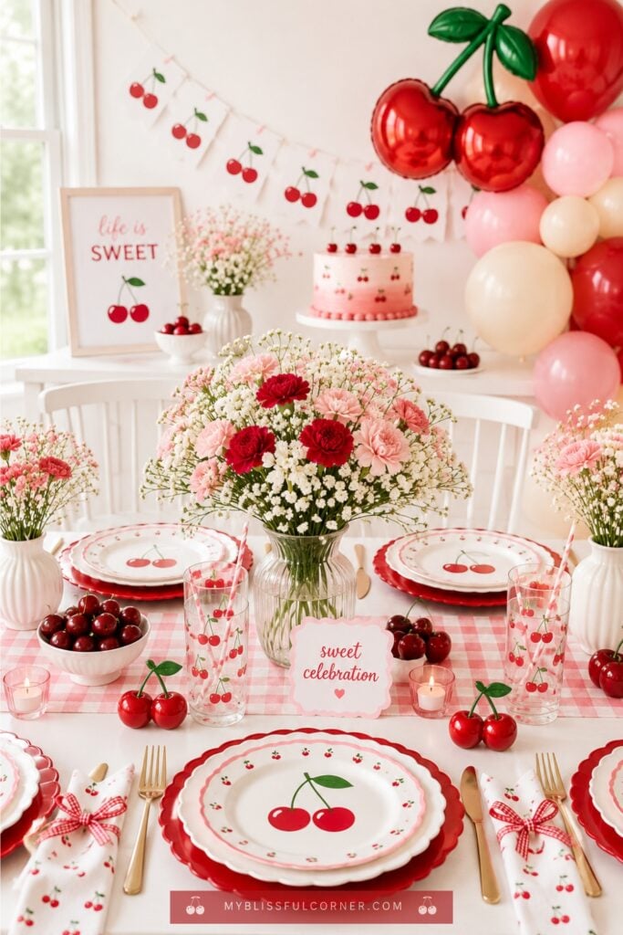 Cherry-themed birthday table decor featuring cherry-print dinnerware, red scalloped chargers, gingham table linens, floral centerpieces in pink and white, cherry-patterned drinkware, coordinating balloon decorations, and a matching dessert table with a cherry cake and party backdrop in red, blush pink, and cream tones.