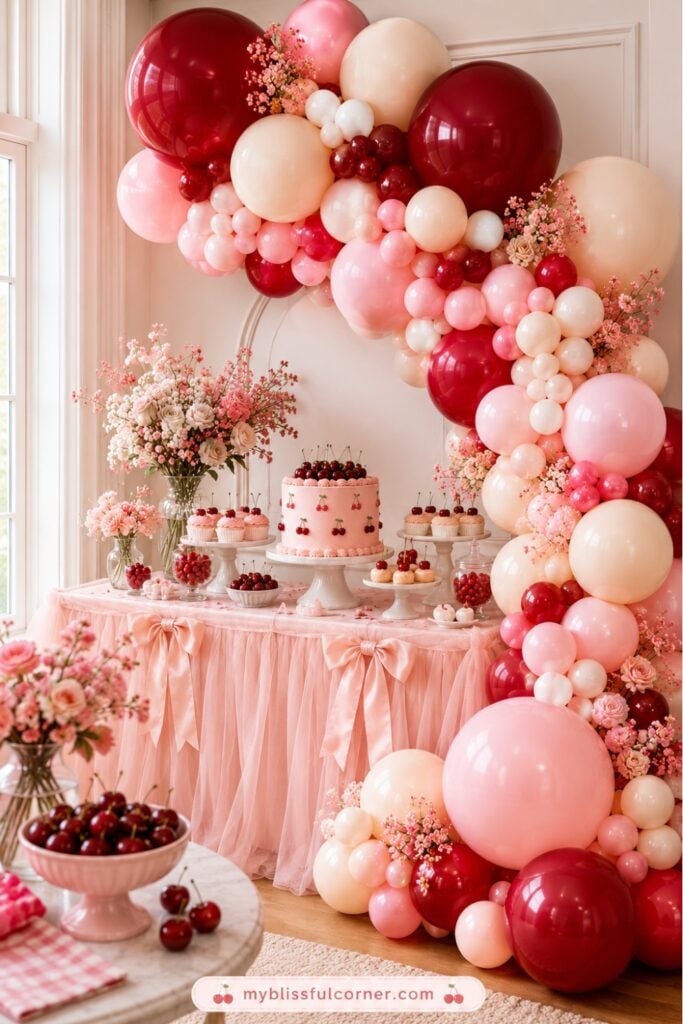 Cherry-themed birthday dessert table featuring a large balloon garland in deep red, blush pink, cream, and white balloons with oversized statement balloons, pink florals, a cherry cake, cupcakes, and elegant party decor.