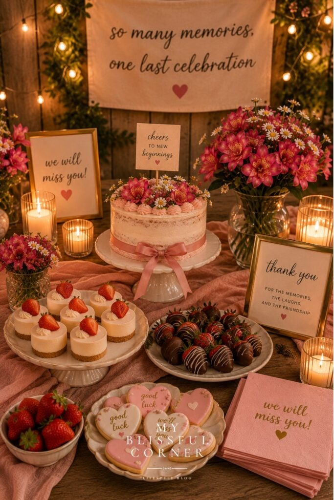 Cozy farewell party dessert table with pink floral arrangements, candles, strawberry desserts, handwritten signs, heart cookies, and soft blush decor for a warm goodbye celebration