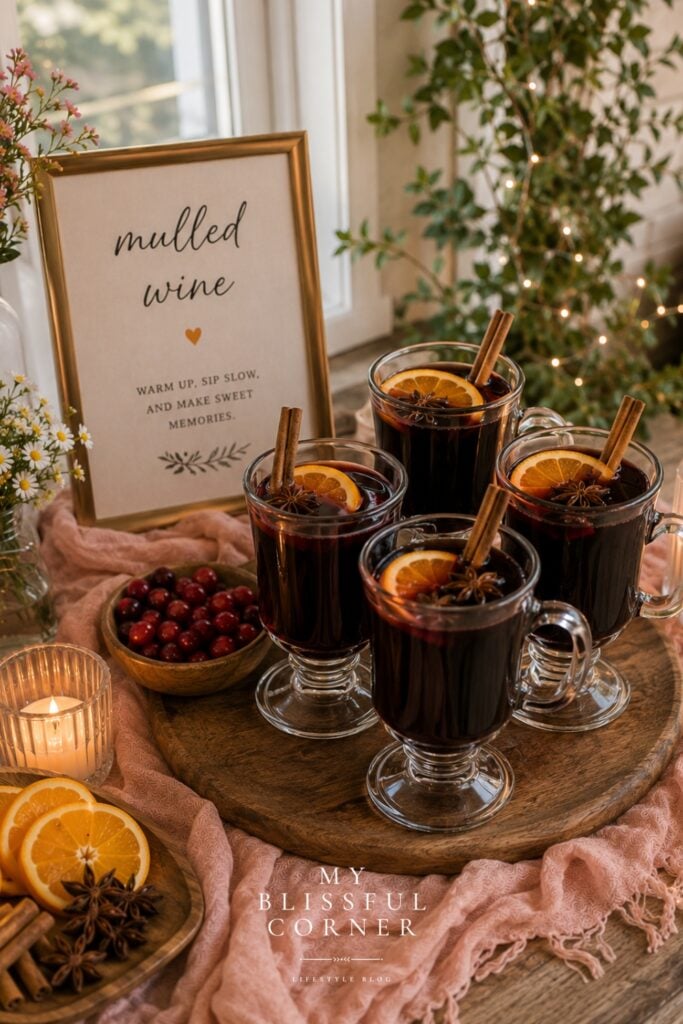 Styled mulled wine station with glass mugs, oranges, cinnamon sticks, candles, blush pink linens, and cozy warm lighting for an intimate farewell party setup.