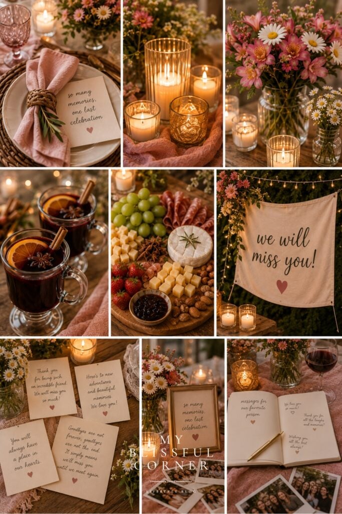 Collage-style going away party inspiration pin featuring candles, pink florals, mulled wine, charcuterie, handwritten farewell notes, soft blush napkins, and a cozy ‘we will miss you’ banner with warm ambient lighting
