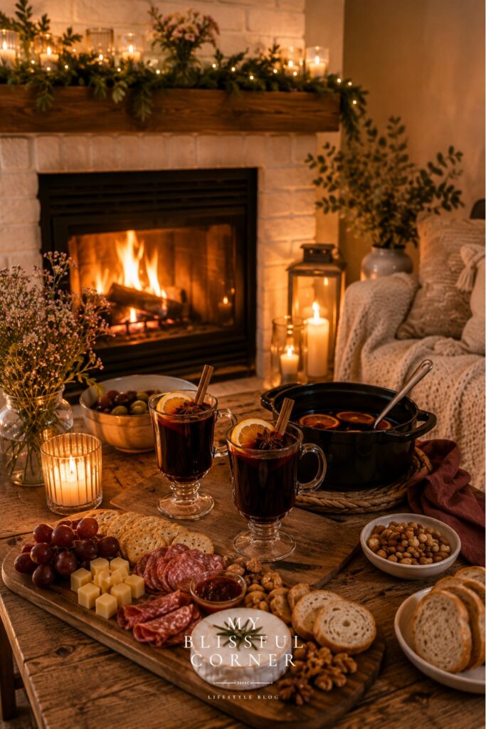 Cozy indoor farewell party setup with mulled wine, charcuterie appetizers, candles, and a warm fireplace creating an intimate gathering atmosphere with soft ambient lighting