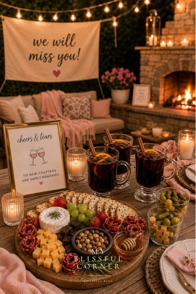 Cozy farewell party setup with charcuterie board, mulled wine, candles, blush pink decor, floral arrangements, and a ‘we will miss you’ banner in a warm backyard evening setting.